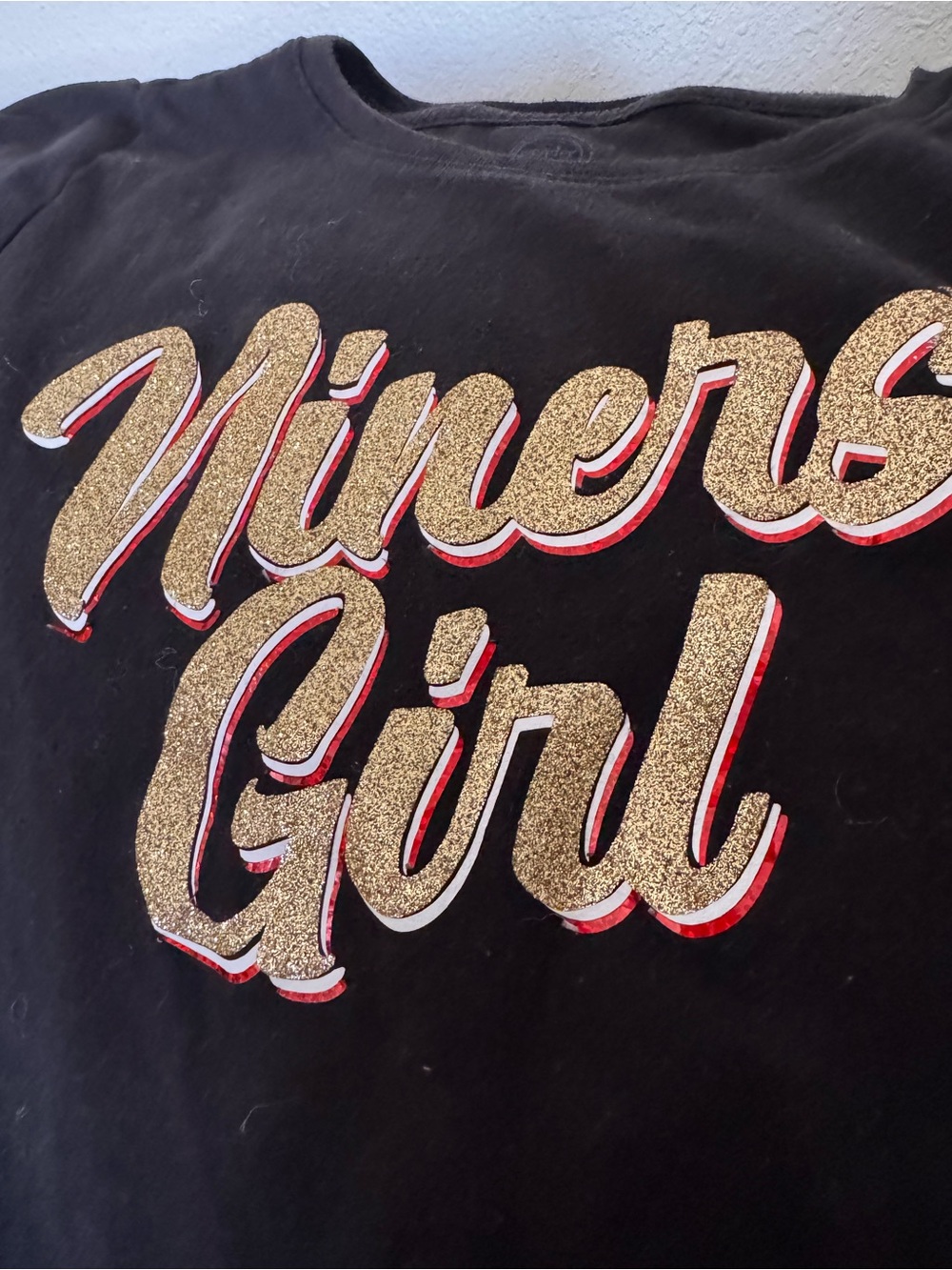 Black Tee with Gold Glitter Script San Francisco 49’ers football